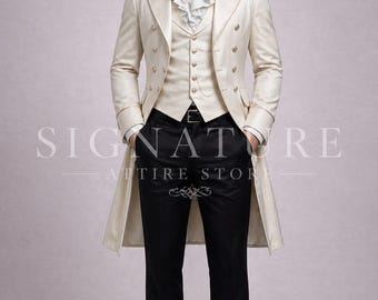 Men’s Ivory Victorian Tailcoat Suit, Regency Wedding Groom Outfit, Formal Tailcoat Jacket, Vintage Custom Made Coat