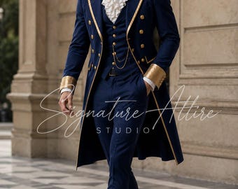 Abito da uomo blu reale in stile vittoriano con frac / Costume dell'epoca Regency / Abito da principe azzurro / Abbigliamento formale da matrimonio / Abito aristocratico gotico
