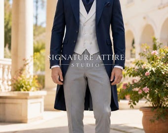 Navy Blue Tailcoat Suit for Men, Victorian Wedding Tuxedo, Regency Style Groom Outfit, Double Breasted Formal Menswear