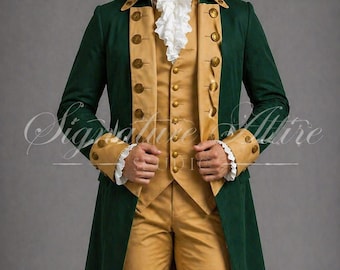 Regency Herren Frack, Grün & Gold Vintage Outfit, Kostüm im Hamilton Style, formelle Kleidung des 18.Jahrhunderts, Historischer Hochzeitsanzug