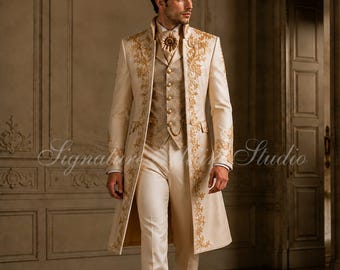 Men’s Ivory Regency Tailcoat Suit, Gold Embroidered Victorian Coat, Wedding Outfit men, Bridgeton Wedding Formal Outfit , Groom Attire