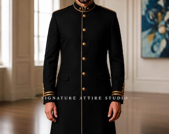 Terno longo preto de inspiração militar para homem – Traje de casamento estilo príncipe gótico