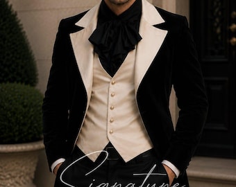 Victorian Men’s Tailcoat Suit Black Velvet Formal Outfit Gothic Wedding Tuxedo Cream Vest Regency Aristocrat Prom Coat Vintage Style Suit