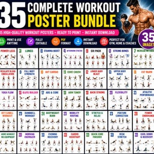 May include: A complete workout poster bundle with 35 high-quality workout posters. The posters are ready to print and offer instant download. The posters include exercises for power legs, lungs, stamina boost, and more. The image also includes a man holding dumbbells.