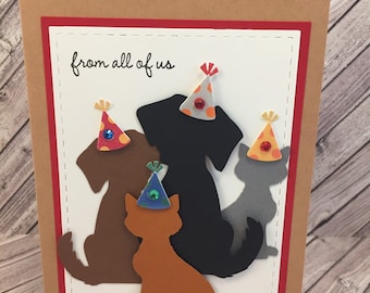 dog and cat card, dog and cat birthday card, dog and cat congratulations card, pet card, pet birthday card, from all of us, card from group