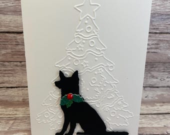 Kerstkaart Duitse herder, boom met reliëf, hondenliefhebber