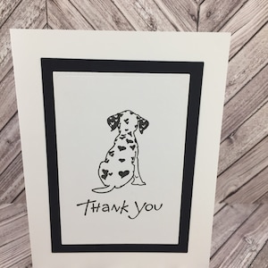 dalmatische dankkaart, zwart-wit bedankkaart, dank u, hond bedankkaart, puppy bedankkaart, hond kaart, dalmatische kaarten, 4 kaarten