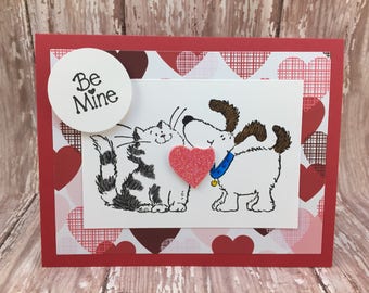 be mine card,happy valentine's day card, dog and cat card, dog valentine, cat valentine, cat card, dog card, pet lover card, valentine