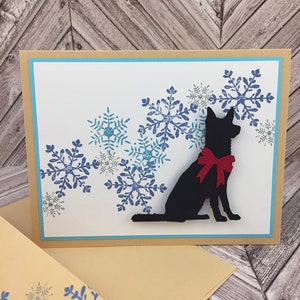pastor alemán, tarjeta de perro de invierno, tarjeta de pastor alemán, tarjeta de Navidad de pastor alemán, tarjeta GSD, tarjeta de vacaciones de pastor alemán, tarjeta de copo de nieve