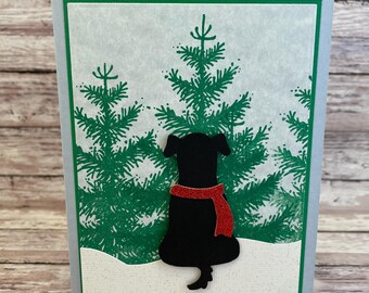 Winterhond kerstkaart, met de hand gestempeld dennenbomen, bedankt voor de feestdagen