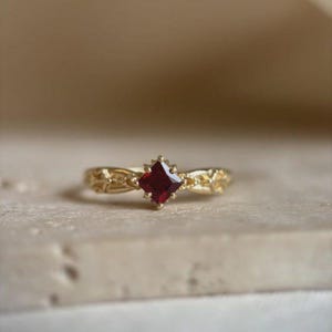 Minimalist Square Cut Lab Created Ruby Yellow Gold Finish Ring, Promise Ring, Gift for Mom, Delicate Statement Jewelry