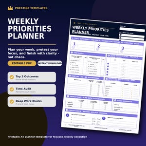 May include: A Weekly Priorities Planner template featuring sections for top three outcomes, time audit, deep work blocks, meeting log, spending breakdown, energy map, and a Friday check. The document is white with dark blue and purple accents.