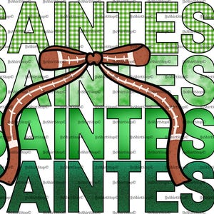 Puede incluir: Diseño gráfico con la palabra "SAINTES" en verde, con un lazo en forma de balón de fútbol. Las letras tienen diferentes texturas, incluyendo cuadros y degradados. Sobre fondo blanco.
