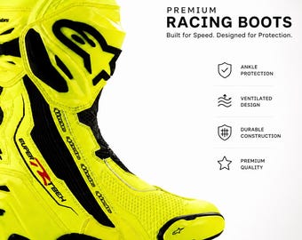 Botas de motociclista de color amarillo neón para hombre, equipo de protección para conducción en pista.
