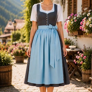 Grijze dirndljurk met blauw schort, Oktoberfest-outfit, traditionele Duitse Beierse kleding
