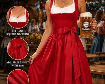 Red Velvet Dirndl Dress with Silk Apron - 3-Piece Oktoberfest Gown - Traditional Bavarian Set