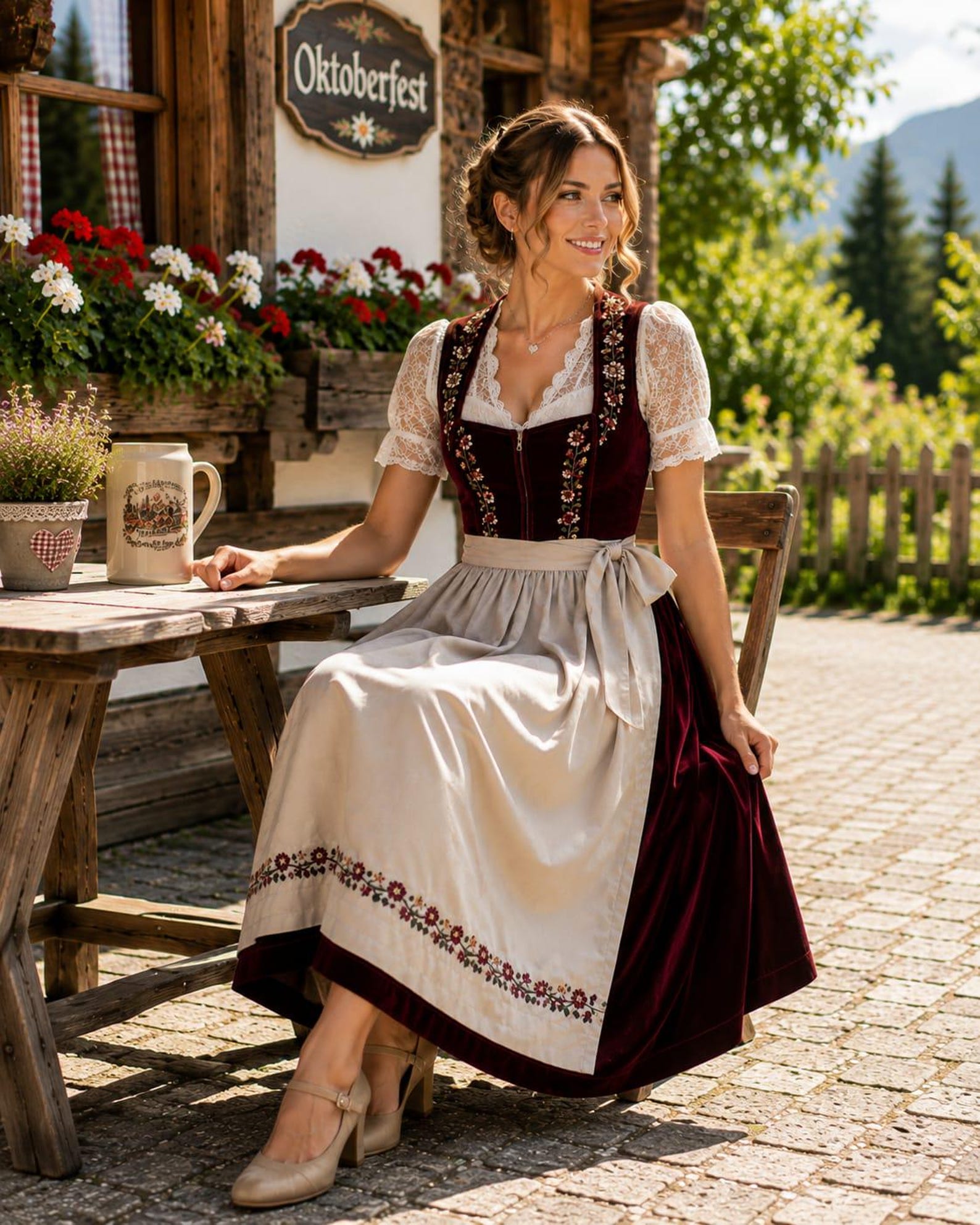 Burgundy Velvet Dirndl Dress, Traditional German Dress with Floral Embroidery