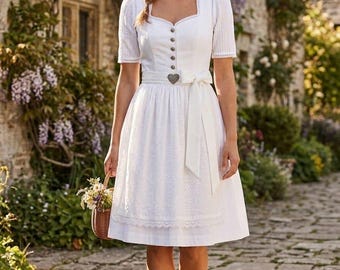 White Lace Dirndl Dress • Custom Bavarian Alpine Midi Trachten Costume, Romantic Bridal