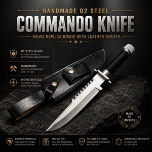 Cuchillo comando hecho a mano: réplica Bowie de acero D2 de película con funda de cuero.