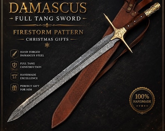 Espada de Damasco Firestorm hecha a mano, espiga completa, mango de palisandro, estilo medieval, regalo de coleccionista, decoración fantástica
