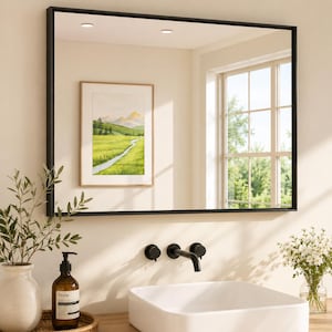 May include: A rectangular wall mirror featuring a thin, matte black metal frame. The mirror reflects a room with a framed landscape painting on the wall, a window, and a white bathroom sink with a black wall-mounted faucet and soap dispenser.