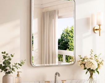 Brushed Nickel Mirror 20x30, Beveled Edge Tempered Glass, Modern Vanity Wall Decor