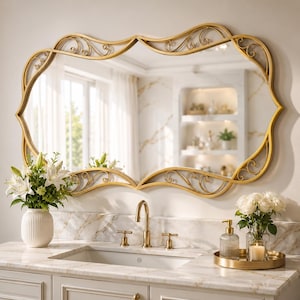 May include: A wall-mounted mirror featuring a gold-toned metal frame with an ornate, wavy, and scrolled design. The mirror has a reflective glass surface that displays a bathroom interior with a marble countertop, a faucet, and flowers.
