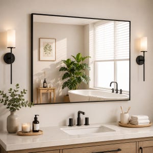 May include: A rectangular wall mirror with a thin black frame mounted above a bathroom vanity. The mirror reflects a white bathtub, a green potted plant, and a framed botanical print. Two black wall sconces with white shades flank the mirror.