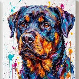 May include: A colorful painting of a Rottweiler dog. The artwork features a vibrant palette of blues, oranges, and purples, with paint splatters on a white background. The dog's expression is serious, with detailed brushstrokes.