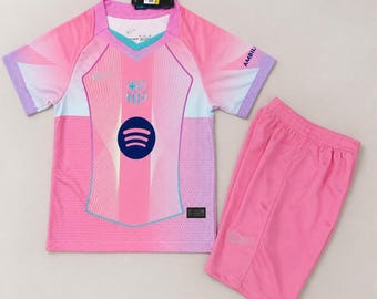 Pink Barcelona Kids Soccer Jersey Kit: Personalized Football Shirt Set, Youth Soccer Uniform Gift