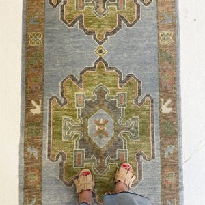 Puede incluir: Una alfombra rectangular tipo pasillero con un campo central azul claro y dos grandes medallones geométricos simétricos en tonos verde oliva, carbón y naranja apagado, enmarcada por un borde marrón con pequeños motivos florales.