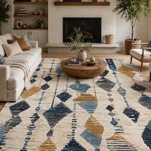 May include: A large area rug with a geometric pattern in shades of cream, navy blue, and gold. The rug is placed in a living room setting, with a sofa, chairs, and a coffee table. The rug's design features diamond shapes.