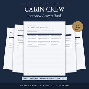 Pode incluir: Um documento digital intitulado Cabin Crew Interview Answer Bank, contendo 22 páginas de perguntas de entrevista e exemplos de respostas. O layout inclui tabelas e seções pautadas para anotações em um fundo azul escuro.