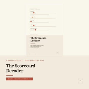 May include: A digital guide titled The Scorecard Decoder, featuring a cream-coloured background with dark brown text. The document includes sections for ownership, judgement, influence, communication, and functional depth, each with checkbox icons.