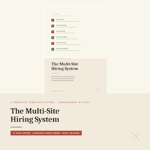 May include: A document titled The Multi-Site Hiring System, a complete template system by Bookmarked by Tadz. It includes a 47 page system, 6 editable word forms, and an excel tracker. The text outlines hiring steps like scope the role, advertise honestly, screen by phone, interview to a guide, score the evidence, and decide, then onboard.