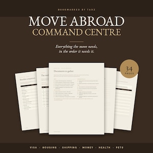 Könnte beinhalten: Ein 34-seitiger digitaler Planer Move Abroad Command Centre mit cremefarbenen Seiten und dunkelbraunem Text. Das Dokument enthält Abschnitte für Shortlists, Checklisten für zu sammelnde Dokumente und Organisationstabellen für den Umzug.
