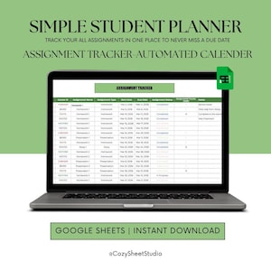 Può includere: Un laptop che mostra un foglio di calcolo di un pianificatore per studenti. Lo schermo mostra un tracker di compiti con colonne per ID corso, nome compito e scadenze. Il testo in alto recita "SIMPLE STUDENT PLANNER". Il testo in basso recita "GOOGLE SHEETS | INSTANT DOWNLOAD".
