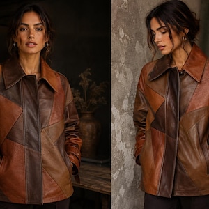 Damesleren jas met geometrische patchwork, cognacbruine bikerjas, handgemaakte luxe bovenkleding, ambachtelijk cadeau