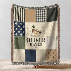 Copertina personalizzata per neonati, copertina con anatre selvatiche, decorazione personalizzata per la cameretta a tema caccia con nome, stile patchwork rustico, regalo per baby shower a tema bosco