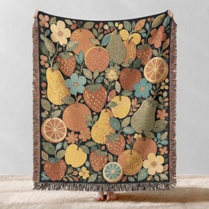 Manta retro con estampado de frutas, forro polar floral de estilo moderno de mediados de siglo, manta botánica vintage para sofá, regalo de decoración bohemia estética para el hogar