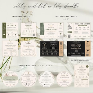 May include: A bundle of food labels including four 4x4 inch square labels, four 6x4 inch landscape labels, four round labels in 4x4 and 3x3 inch sizes, and one 4x6 inch portrait label. Each label features The Wild Flour Co. branding and text.