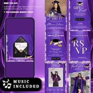 May include: A purple graduation announcement template with a smartphone mockup, featuring text like "She Did It" and "RSVP." The design includes a graduation cap, diploma, and musical notes, with the words "Music Included."