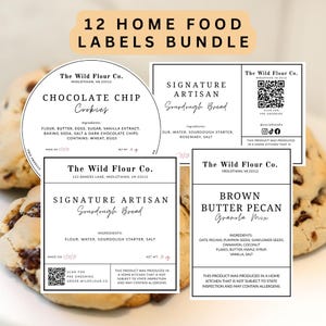 May include: A bundle of 12 home food labels featuring black text on white backgrounds. The labels include The Wild Flour Co. branding, ingredient lists for chocolate chip cookies, sourdough bread, and brown butter pecan granola, plus QR codes.