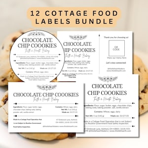 Puede incluir: Un paquete de 12 etiquetas para alimentos con texto negro sobre papel blanco. Las etiquetas incluyen el texto Chocolate Chip Coookies, Thistle & Hearth Bakery, ingredientes, peso neto 142 g e información de contacto. Algunas etiquetas son redondas y rectangulares.