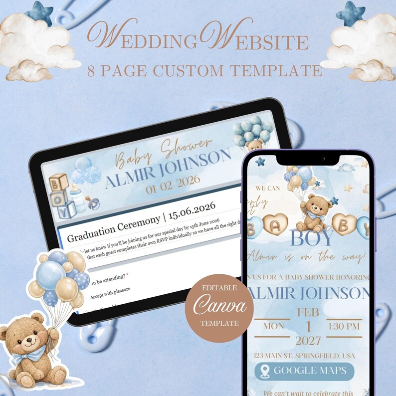 Baby Shower Invitation Template for Boy, Blue Teddy Bear Invite ...