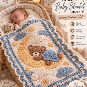 Crochet Baby Blanket Pattern PDF, Sleeping Bear Moon Nursery Design (Digital Download)
