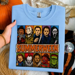 Retro sommarskräckfigurer, slasherikoner, halloweenskjortkonst