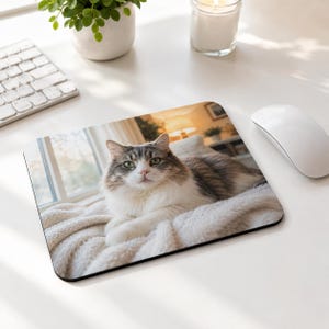 Op de afbeelding: Een rechthoekige muismat met een pluizige kat met grijs en wit haar, groene ogen en een roze neus. De kat ligt op een witte deken voor een raam. De muismat ligt op een wit bureau.