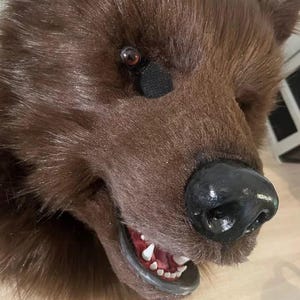 Può includere: Una maschera a testa di orso in pelliccia sintetica marrone con naso in plastica nera, bocca socchiusa che rivela denti bianchi e una benda scura su un occhio. La maschera è ricoperta di pelliccia sintetica marrone testurizzata con orecchie visibili.