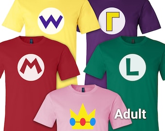 Super Mario Brothers Party - Adult Unisex Short Sleeve T-Shirt + Luigi Princess Wario Waluigi - Nintendo Halloween Costume - Men's & Women's